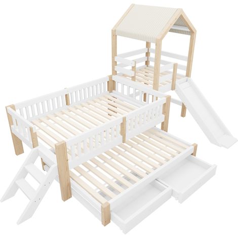 Kinder-Hausbett 90 x 200 mit Ausziehbett, Rutsche, Treppe und Schubladen, weiß/natur (1/5)