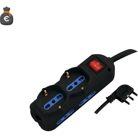 Multiprise 6 Prises: 4 Bipolaires 10/16A, 2 Schuko, Câble 1,5M, Fiche Coudée 90° 16A, Interrupteur Lumineux, Noir. Idéal Maison Et Bureau. (1/3)