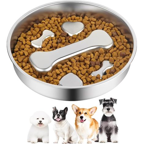 Gamelle Chien Inox 22cm, Forme Os Anti Glouton – Double Face Antidérapante, Lave-Vaisselle pour Chiens Petits et Moyens (1/5)