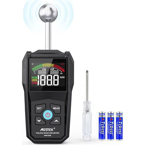 Humidimètre à bois sans contact MESTEK, détecteur d'humidité non destructif pour cloisons sèches, bois et maçonnerie, écran LCD couleur rétroéclairé et testeur d'humidité avec alarme, détecte 20 à 40 (1/5)