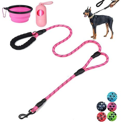 Laisse pour Chien - 1,8 m - Robuste - Double poignée réfléchissante avec Rembourrage Confortable - Laisse en Corde pour Chiens de Moyenne et Grande Taille - Rose (1/5)