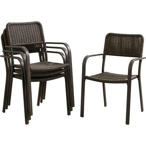 Ensemble de 4 chaises de jardin empilables avec accoudoirs, dossier et structure en acier, 55 x 60 x 83 cm, marron foncé