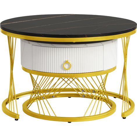 Table basse élégante modulaire: aspect marbre, décor doré, table d’appoint avec tiroirs – lot de 2 (1/5)