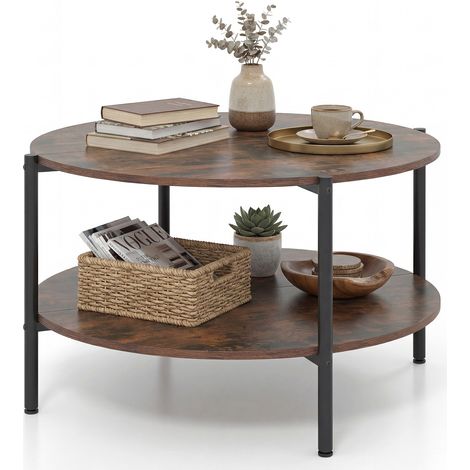 COSTWAY Round Coffee Table 2-Tier Industrial Accent Table w/Open Storage Shelf
