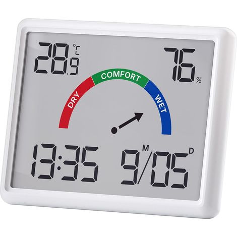 Thermomètre Intérieur et Hygromètre Intérieur LCD avec Horloge Écran LCD numérique avec horloge, alarme, indicateur de confort à 3 niveaux et fixations murale, magnétique ou sur support. (1/5)