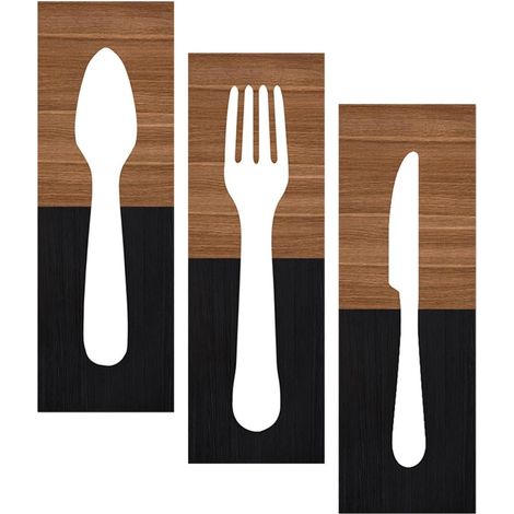 Panneau Mural Suspendu en Bois 3pcs pour Décoration la Cuisine Rustique, Signe Fourchette, Couteau et Cuillère, pour Maison et Restaurant (1/5)