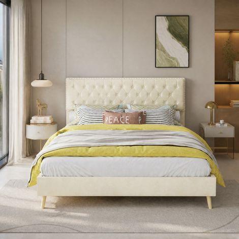 Bett 140x200 cm Beige mit Stauraum, Stoff und Metall, ohne Matratze MEUBLIV (1/5)