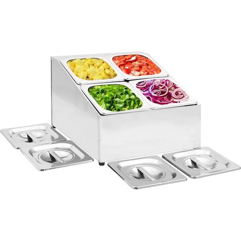 Porte-plats gastronorme en acier inoxydable – Présentoir à salade double rangée avec 4 bacs GN 1/6 et couvercles – Support de cuisine 34 x 40 x 25 cm (1/5)