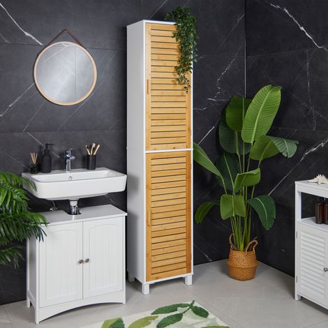 Relaxdays Badezimmerschrank, HxBxT: 190 x 40 x 30 cm, 6 Fächer, MDF & Bambus, hoch, schmal, Bad Hochschrank, weiß/natur
