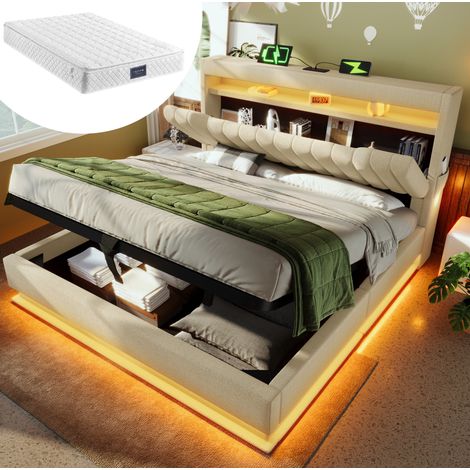 lit coffre 140x200 LED USB avec matelas, lin beige HAVRYA (1/5)