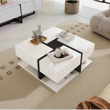 Mesa de centro 78x78x36 cm blanca en tablero de partículas con alto brillo, 4 cajones y estante inferior (1/5)
