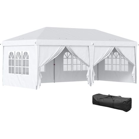 Flacher Pavillon 6x3 m mit abnehmbaren Seitenwänden, großen Fenstern, Reißverschlusstüren, Stahlrahmen, weiß