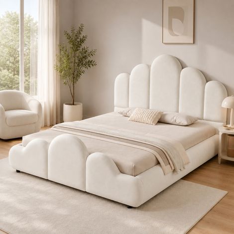 Lit enfant 140x200 cm en velours beige, facile à monter pour chambre, sans matelas FloraGrace (1/5)