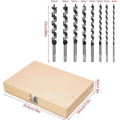 Jeu de 8 mèches hélicoïdales en acier carbone avec étui en bois et tige hexagonale usinée pour perçage précis.