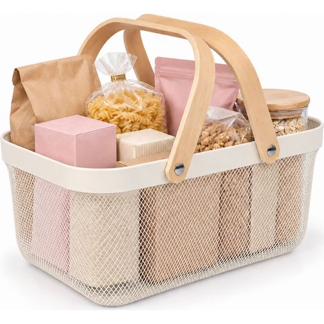 Relaxdays Wire Storage Basket with Handles, Square, Metal & Wood, for Various Utensils, HWD: 17.5 x 43 x 27cm, (1/5)