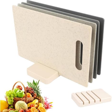 Planche à découper en plastique, 4 Planche à Découper de Cuisine avec poignées et support de rangement Set Petites Planches à Découper Lavables au Lave-vaisselle, 28x18.5 cm (1/5)