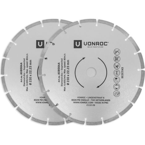 Vonroc – Disques diamant 230mm – Lot de 2 – Pour pierre – Alésage 22,23mm – Coupe précise béton et tuiles