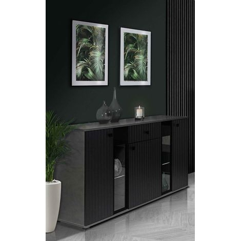 FURNIX buffet SARAI tiroir 3 portes LED buffet portes en verre 140 cm Matera noir (1/5)