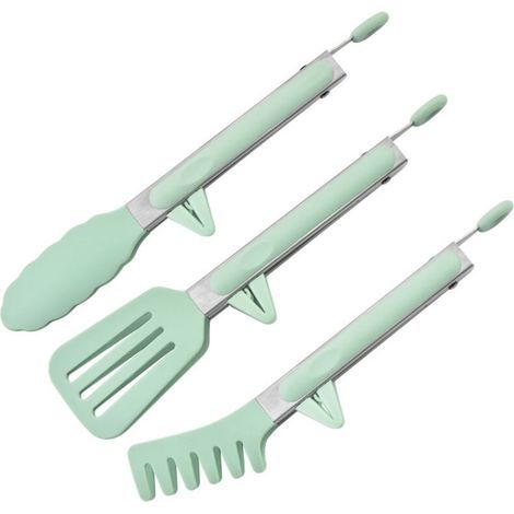 Stainless Steel Kitchen Tongs, Set of 3 Barbecue Tongs with Silicone Tips, Griddle Tongs for Grilling, Barbecue, Buffet, Green (1/5)
