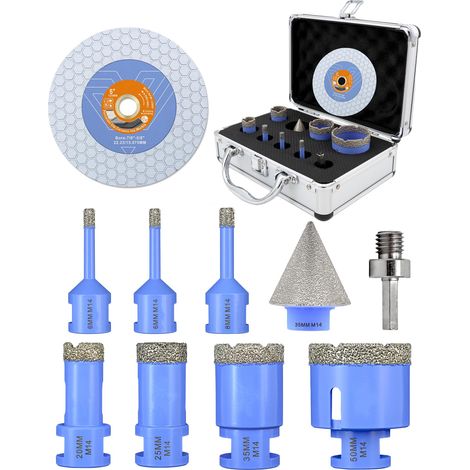 Foret Carrelage Diamant 10 Pièces - 6/6/8/20/25/35/50mm Trépan M14, 35mm Mèche à Chanfrein, Adaptateur, 125mm Disque Diamant pour Céramique Porcelaine Marbre Granit (1/5)