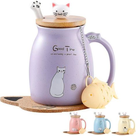 1 Tasse à café,Céramique,Motif chat,Avec couvercle et cuillère,380ML,Micro-ondes et lave-vaisselle,Maison et bureau (1/5)