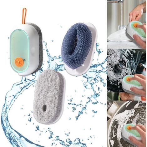 Brosse Vaisselle avec Reservoir, Brosse Vaisselle avec 3 Têtes de Brosse, Brosse Menage Blanche 126.52.5 cm, Avec 2 Têtes de Brosse en Nylon et 1 en TPR, pour Vaisselle, Casseroles, Eviers (1/5)