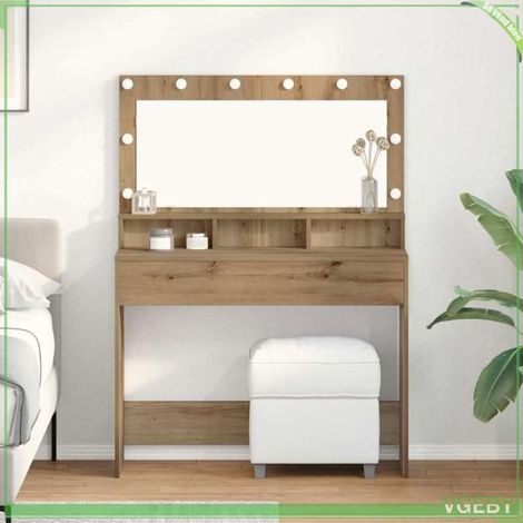 Coiffeuse - ABI - Chêne artisanal - 100 x 41 x 135 cm - Miroir intégré - LED (1/5)