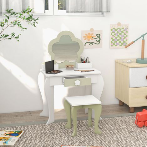 Mädchen-Schminktisch-Set mit Spiegel und passendem Hocker, Holz-Schminktisch mit Schublade und Stauraum, Blumenspiegel, Weiß