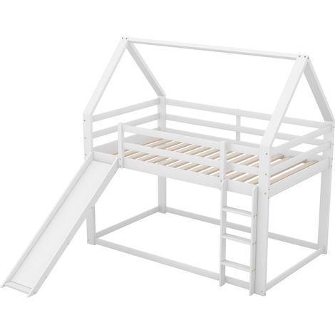 Lit mezzanine enfant en forme de maison avec toboggan et échelle, blanc, 90 x 200 cm, HOMVRA (1/5)