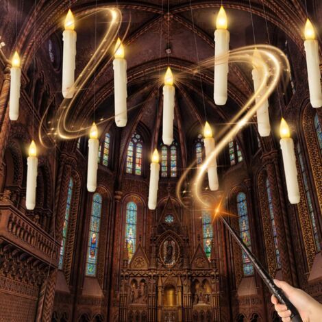 QORVA-12 Bougies flottantes avec télécommande baguette magique, 17cm Bougies volantes, Bougies LED Magiques Suspendues à Piles avec Flamme Vacillante pour Décorations de Halloween, Noël et Mariage