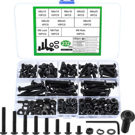 Set di Vis M6, 232 Pcs M6 Boulons et Écrous, Boulons Vis à Tête Cylindrique à Six Pans Creux avec Écrous et Rondelles, Kit Assortiment Boulons Vis à Tête Hexagonale avec Écrou, Noirs(M6) (1/5)