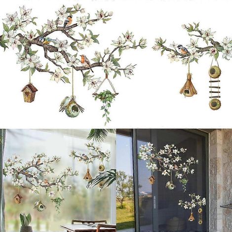 Autocollants pour fenêtre Fleur Oiseau Oiseau sur branche d'arbre Anti-collision avec les oiseaux (1/4)