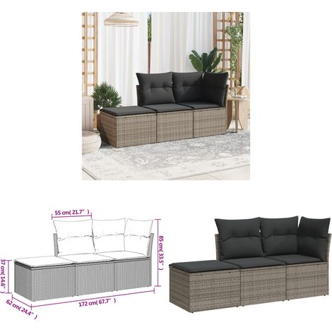 Salon de jardin avec coussins 3 pcs gris résine tressée - Ensemble Salon De Jardin - Mobilier De Jardin - Canapé Extérieur - Chaise Lounge - Pouf Pliable - Home & Living
