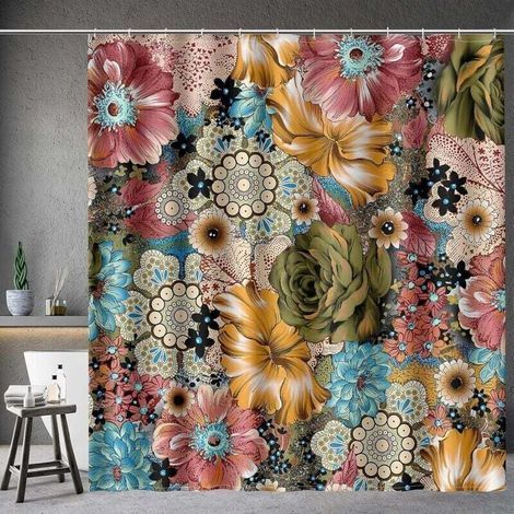 Rideau de douche multicolore à motif floral style bohème, rideau de douche ethnique bohème avec 12 crochets pour accessoires de salle de bain, rideau de baignoire, 183 x 183 cm (1/5)