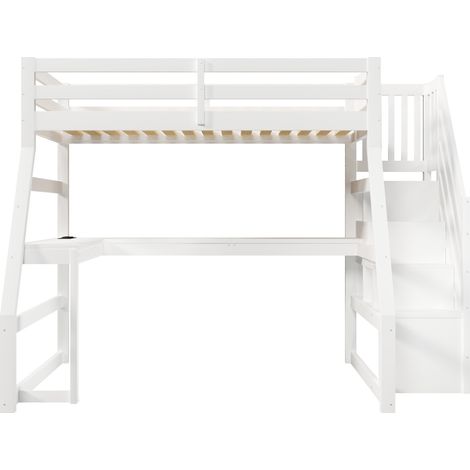 Letto a soppalco 90 x 200 cm con scrivania a L, LED, USB e scala contenitore bianca (1/5)