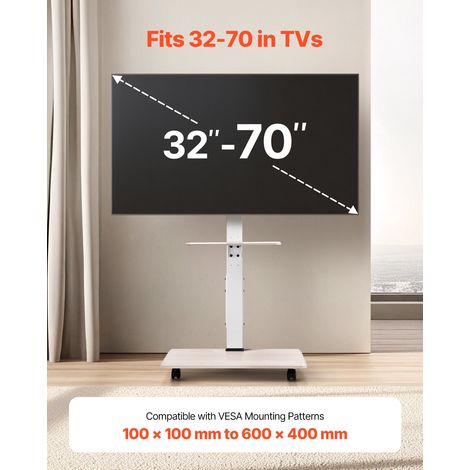 Support TV roulettes, pour écrans 812,8-1778 mm, chariot TV mobile, rotation gauche-droite à 25° et hauteur réglable avec plateau, jusqu'à 40 kg, Max. VESA 600 x 400 mm, pour chambre, extérieur (1/5)
