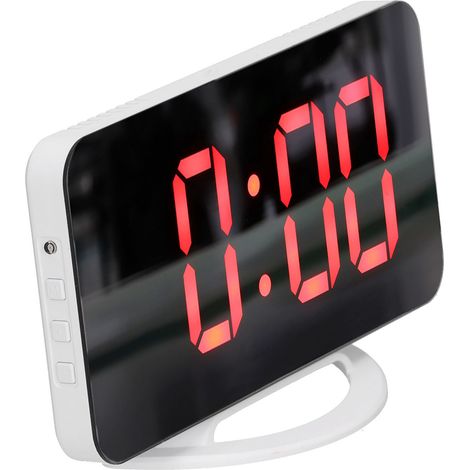 Réveil numérique LED avec miroir grand format, fonction snooze pour chambre, bureau, maison - Coque blanche, affichage rouge