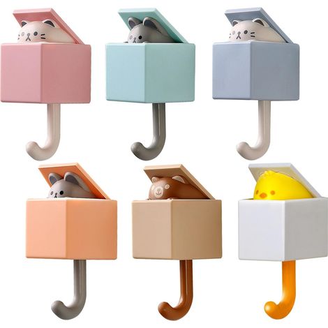 Pack of 6 Cute Cat Wall Hooks, Wall Mounted Coat Hook Adhesive or Nail for Dual use, Decorate Non Slip Space Saving (1/5)