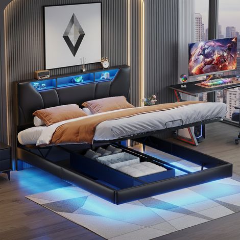 Lit coffre 140x200 cm avec LED, lit capitonné hydraulique, table de tete de lit avec fonction de charge, lit double effet flottant, sommier à lattes, noir (1/5)