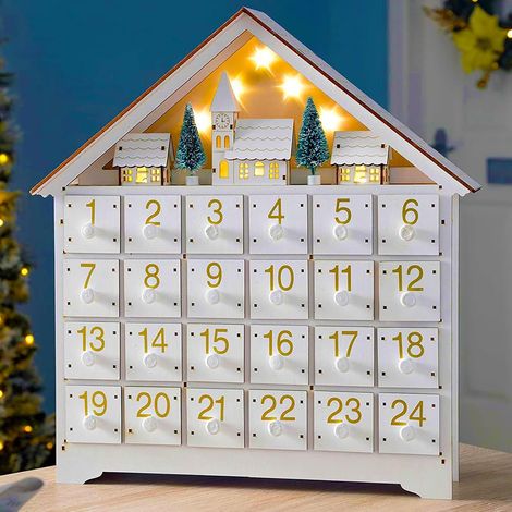 Calendario dell'Avvento in legno con luce LED, 24 cassetti a sorpresa, decorazione in legno naturale e polivalente per feste interne (1/4)