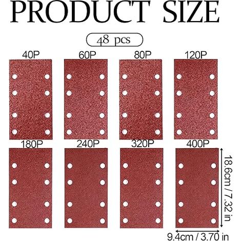Sandpaper 93 x 185 mm, 48 x 8 Holes Hook and Loop Sanding Sheets, P40 P60 P80 P120 P180 P240 P320 P400, 6 of Each, for Vibration Sander, Wood, Metal, Paint and Plastic (1/4)