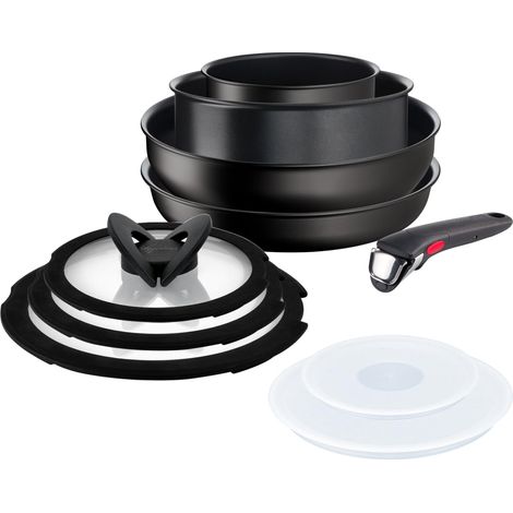Lot de 10 pièces, 4 corps de casserole, 3 couvercles en verre, 2 couvercles en plastique et poignée amovible, revêtement en titane, pour toutes les sources de chaleur (1/5)