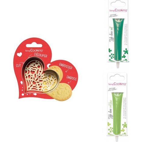 Kit pour biscuit en relief Coeur + 2 Stylos au chocolat vert et vert clair (1/3)