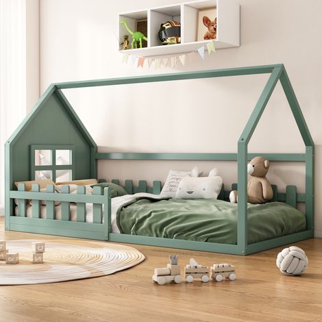 Bett Kinderbett Hausbett 90x200 Kiefer Gruen OKMYHOME (1/5)