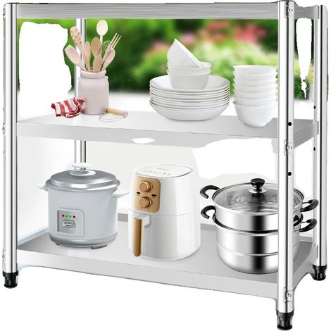 Mesa de preparación de cocina, acero inoxidable 201, 80 x 40 x 80 cm, 3 niveles, estante central ajustable 6 cm, capacidad de carga 20-30 kg. (1/5)