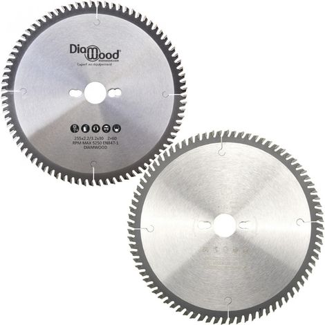 DIAMWOOD - Pack 2 Lames Scie de Table 255 mm - Al. 30 mm - Z60 Universelle Bois - Z80 Haute Finition Bois Aluminium Mélaminé Stratifié - Menuiserie Précision (1/5)