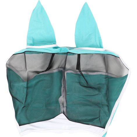 Masque anti-mouches pour cheval avec protection intégrée des oreilles, respirant et ajustable, détachable, couleurs bleu et vert (1/5)