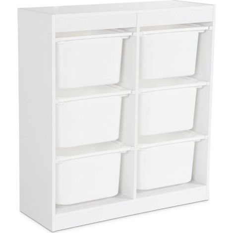 Meuble de rangement enfant. blanc. 6 bacs de rangement en plastique