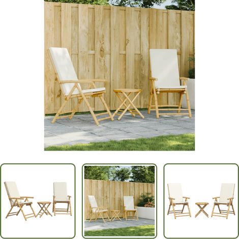 vidaXL Meubles extérieurs - Ensemble de bistro pliante 3 pcs et coussins blanc crème bambou (1/5)