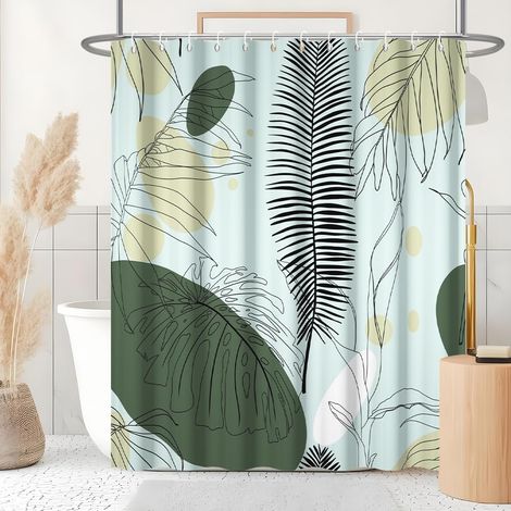 Rideau Douche Vert, Rideau de Douche 180x180cm Anti Moisissure Tropicale Abstrait Feuilles de Palmier Rideaux de Baignoire Tissu Lavable Imperméable Rideaux Salle de Bain avec 12 Crochets (1/5)
